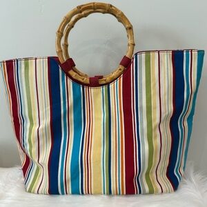Longaberger Multicolored Striped Bamboo Ring Handle Canvas Handbag Tote